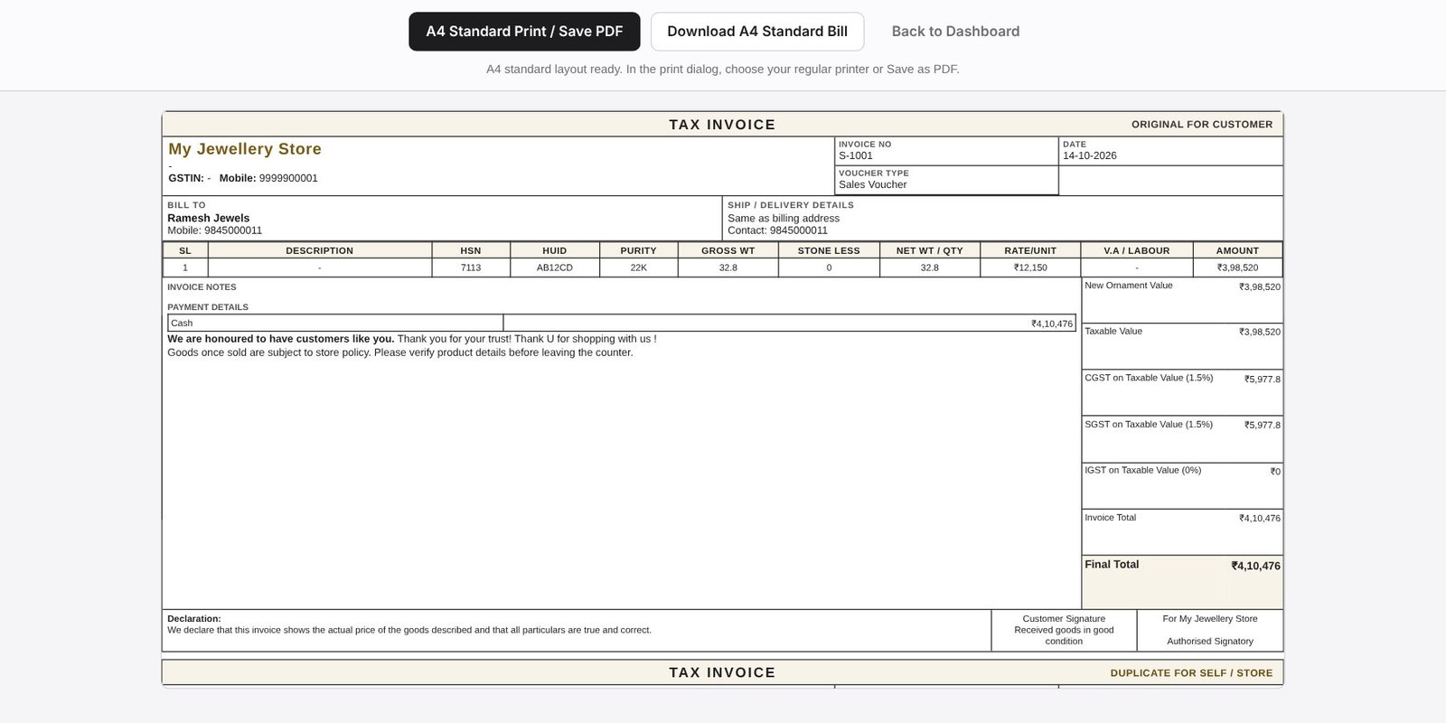 JewelBooks A4 tax invoice print preview